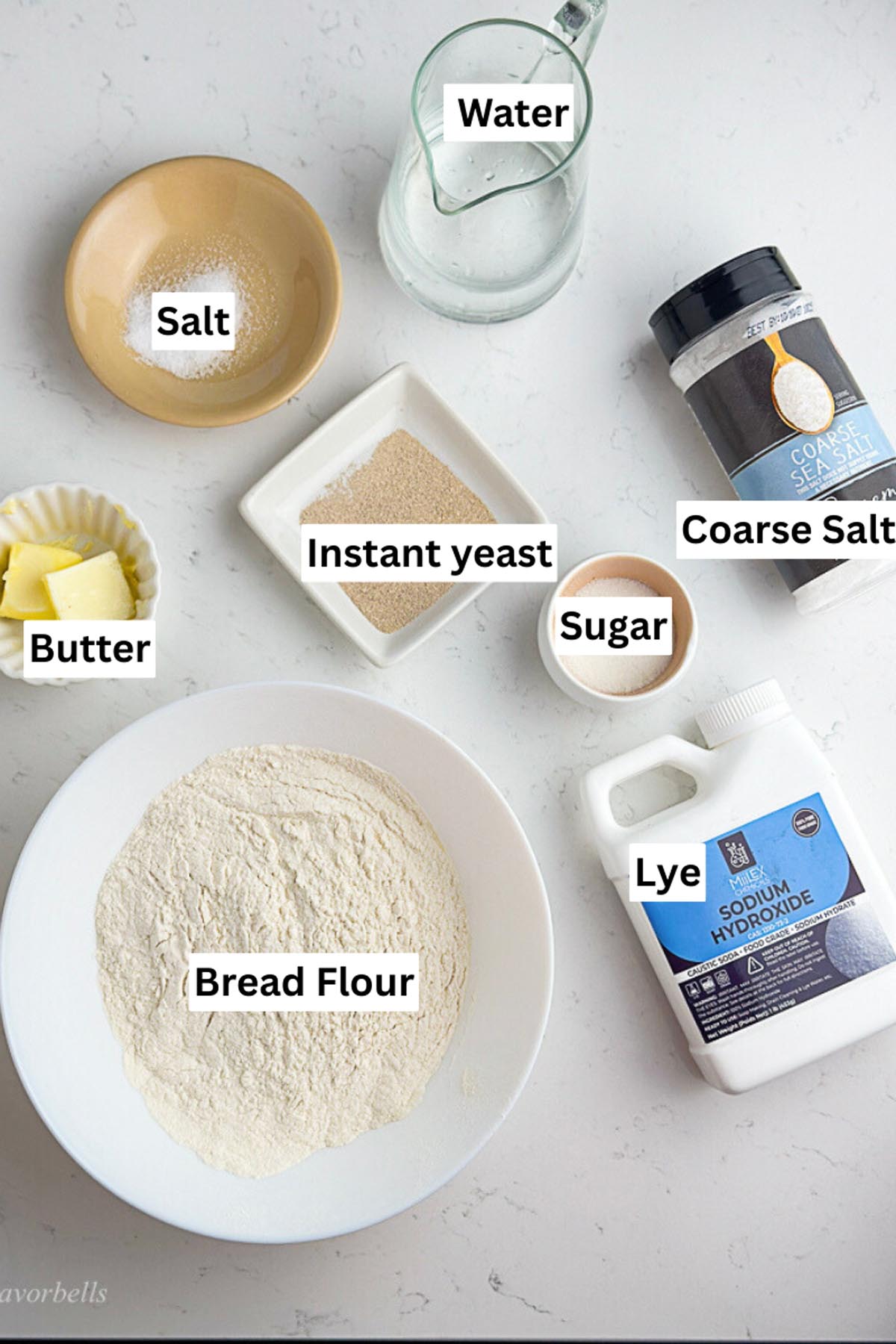 image showing all the ingredients required for making pretzels at home
