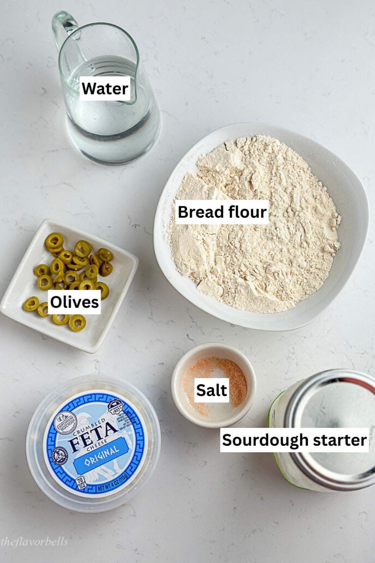 image of all the measured ingredients required for making the sourdough inclusion bread