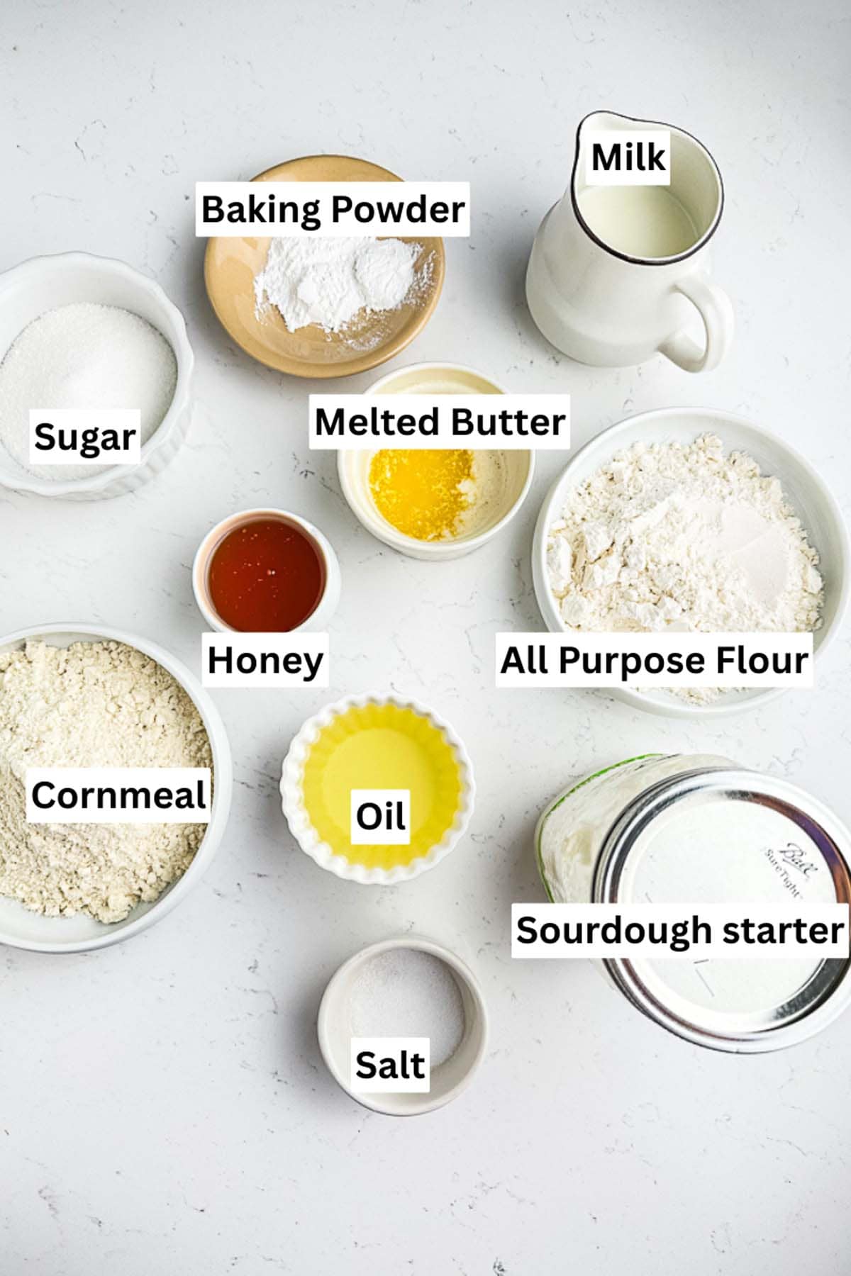 image showing all the ingredients required for making cornbread using sourdough discard