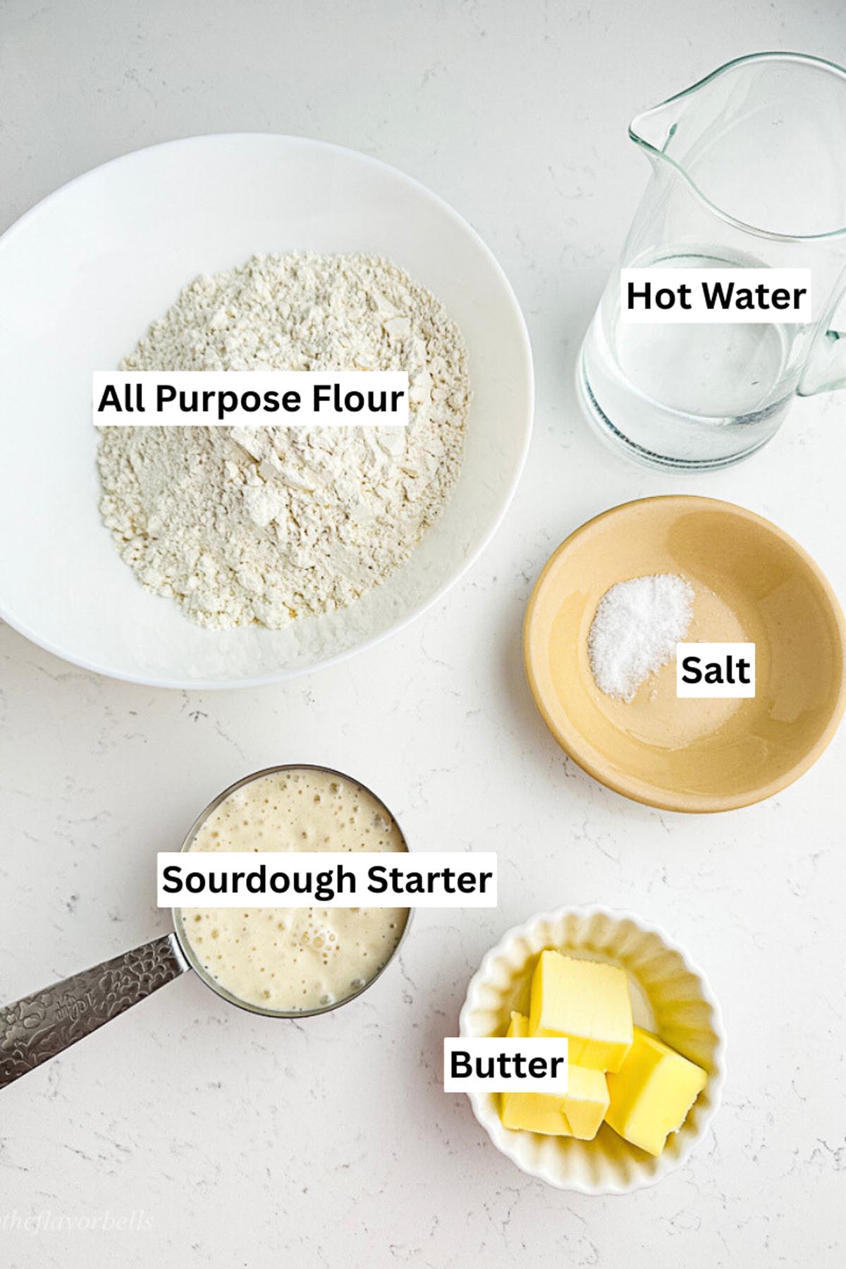 an image all the necessary ingredients required for making the sourdough discard tortillas