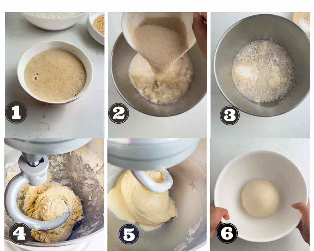 a gallery of 6 images showing steps of kneading the dough in a stand mixer