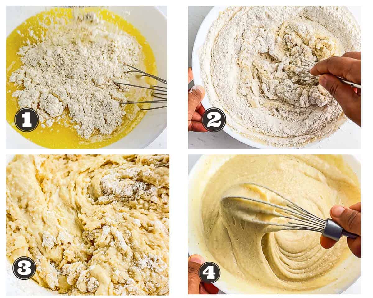 gallery if images showing the steps of combining dry ingredients and wet ingredients