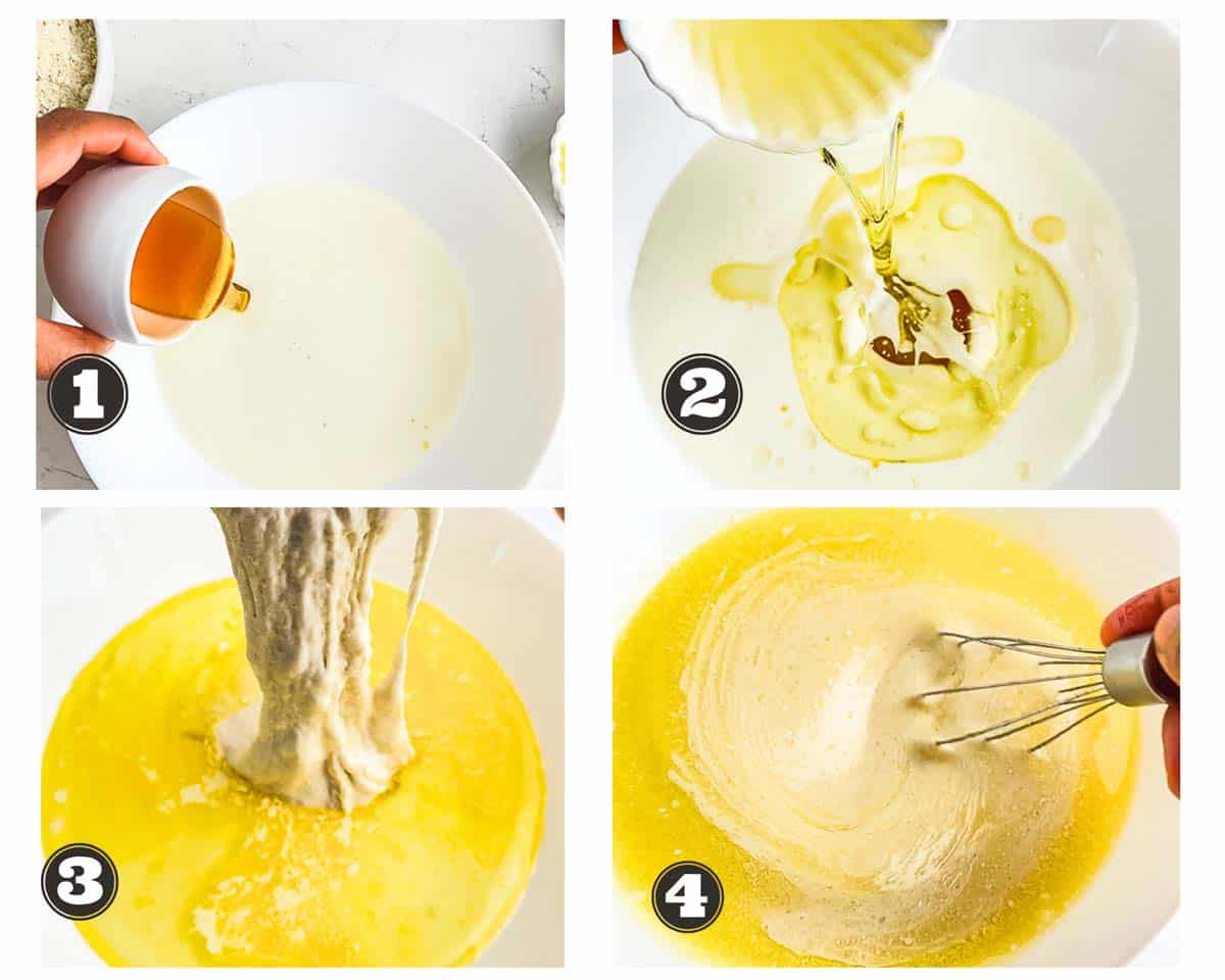 gallery of images showing combining of wet ingredients in cornmeal