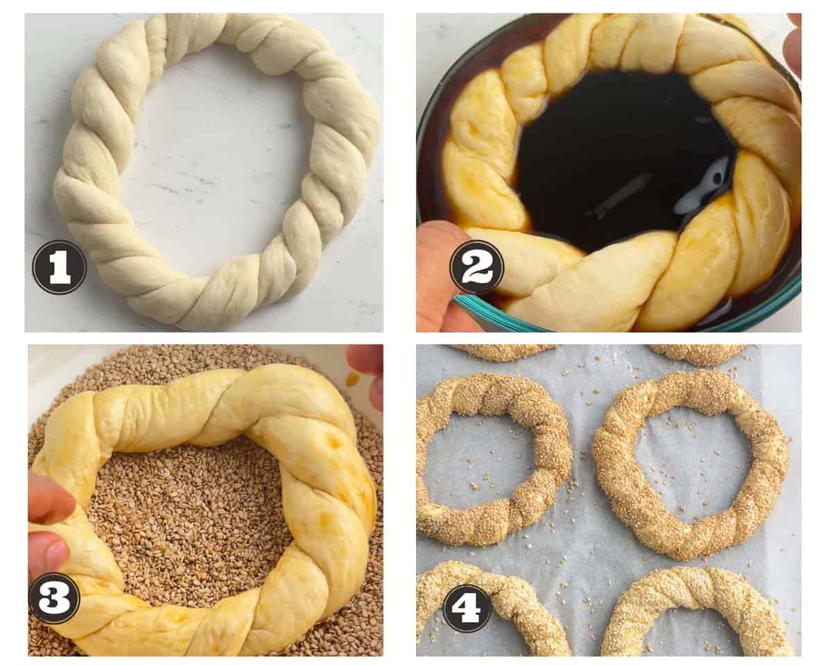 images showing shaped bagels dipped in grape molasses and then coated in sesame seeds