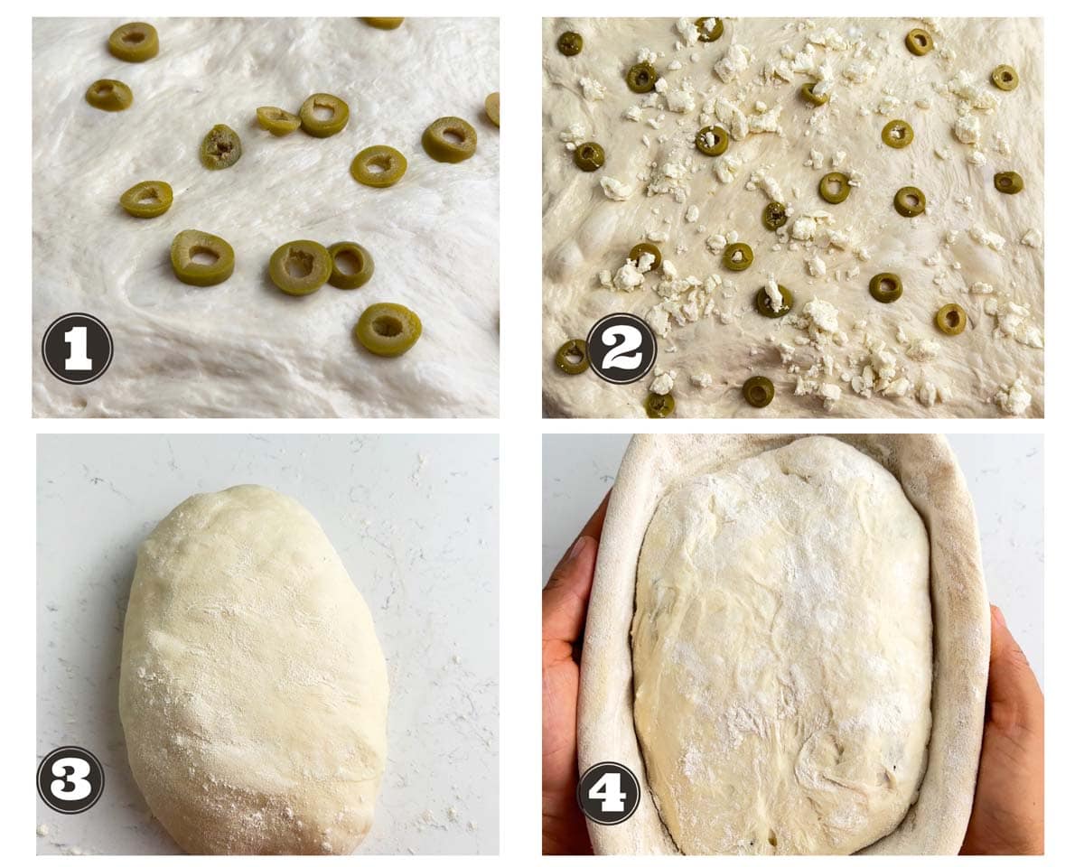 gallery of images showing shaping the sourdough inclusion loaf