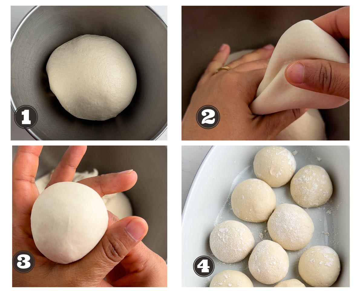 4 images showing steps for dividing the dough into equal balls