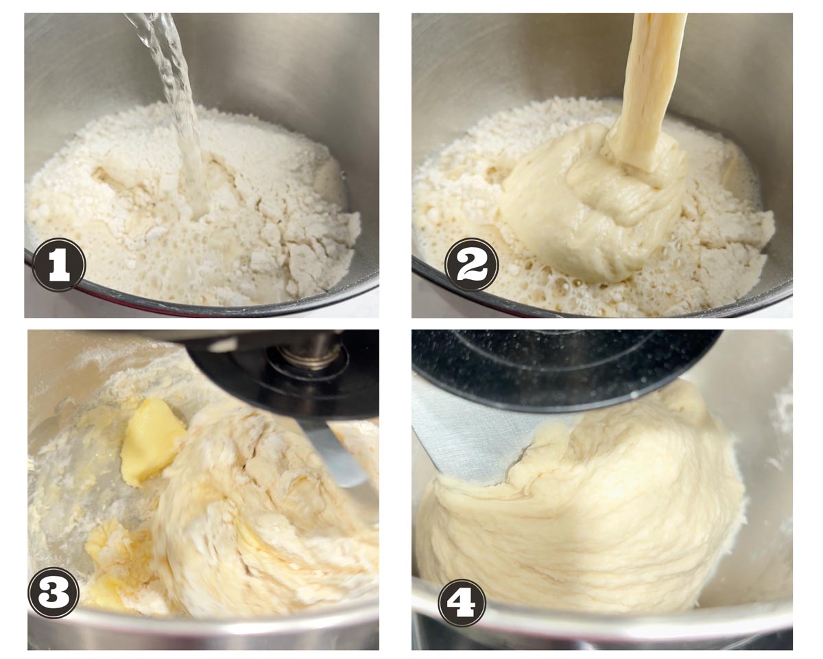 gallery of 4 images showing steps of kneading the dough