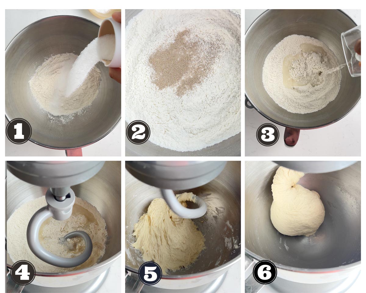 gallery of images showing stages of kneading the dough