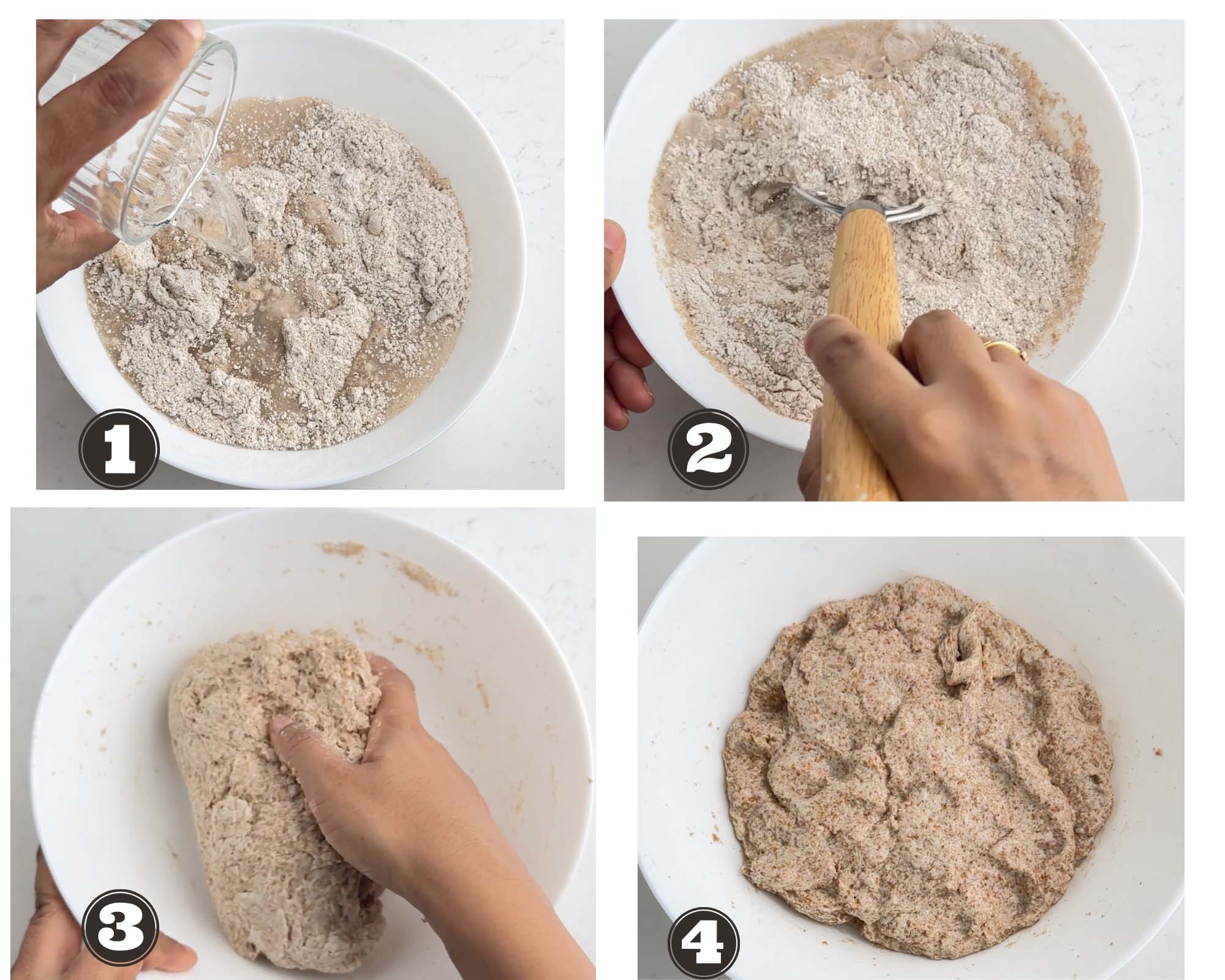 images of combining the dough using the dough whisk and hands