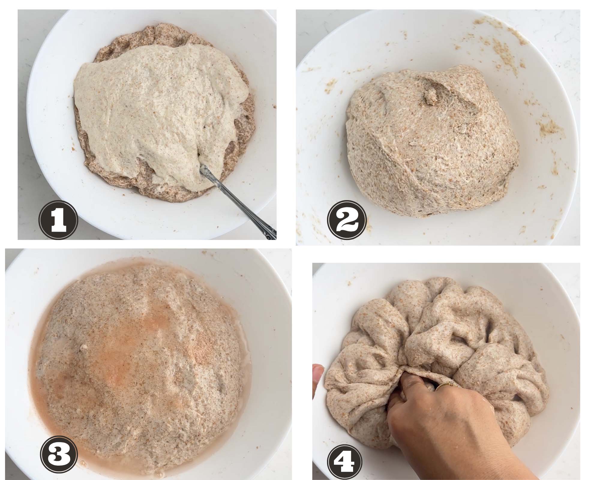 images of adding sourdough starter and salt ( bassinage) to the dough