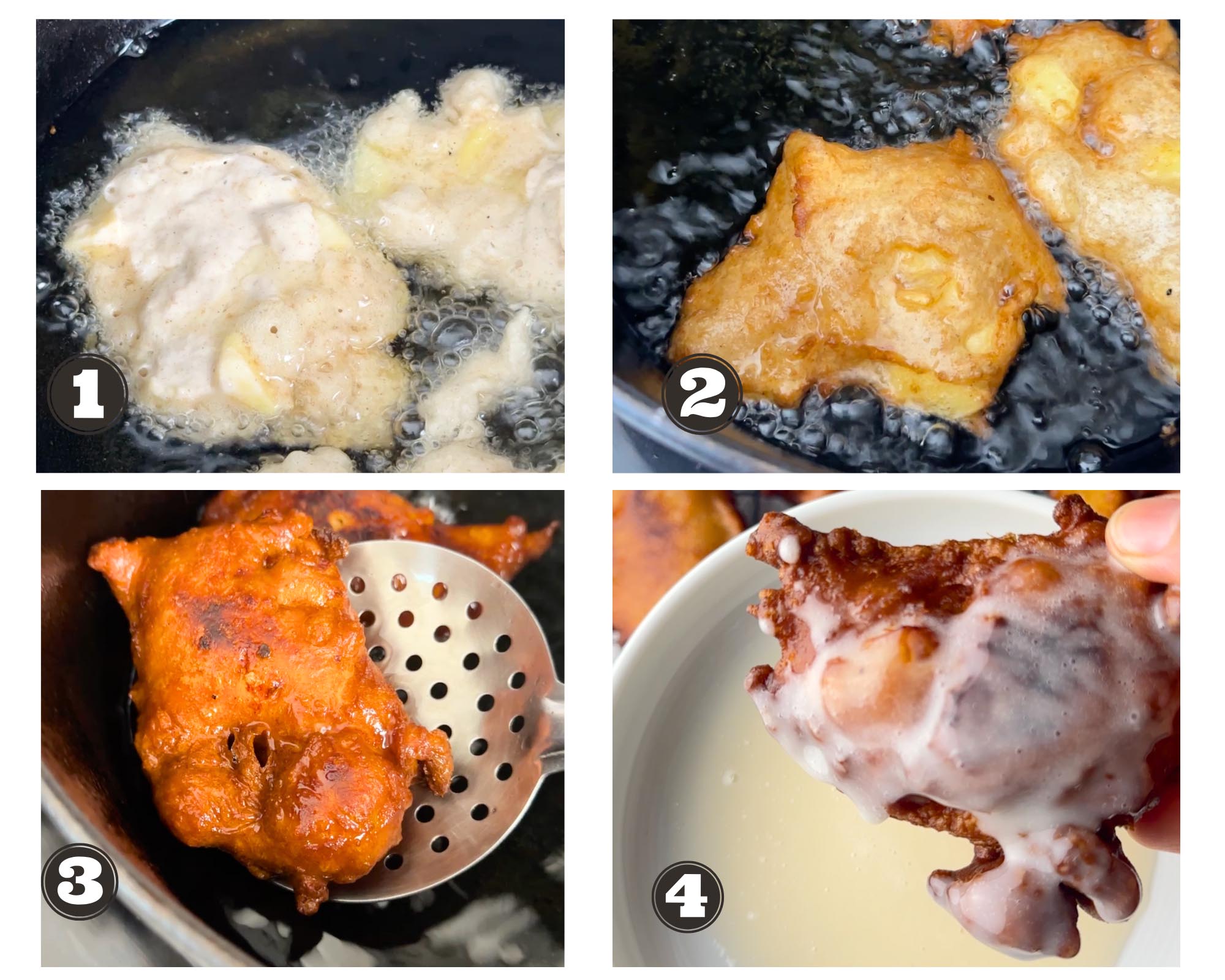 a gallery of images showing steps of frying and glazing