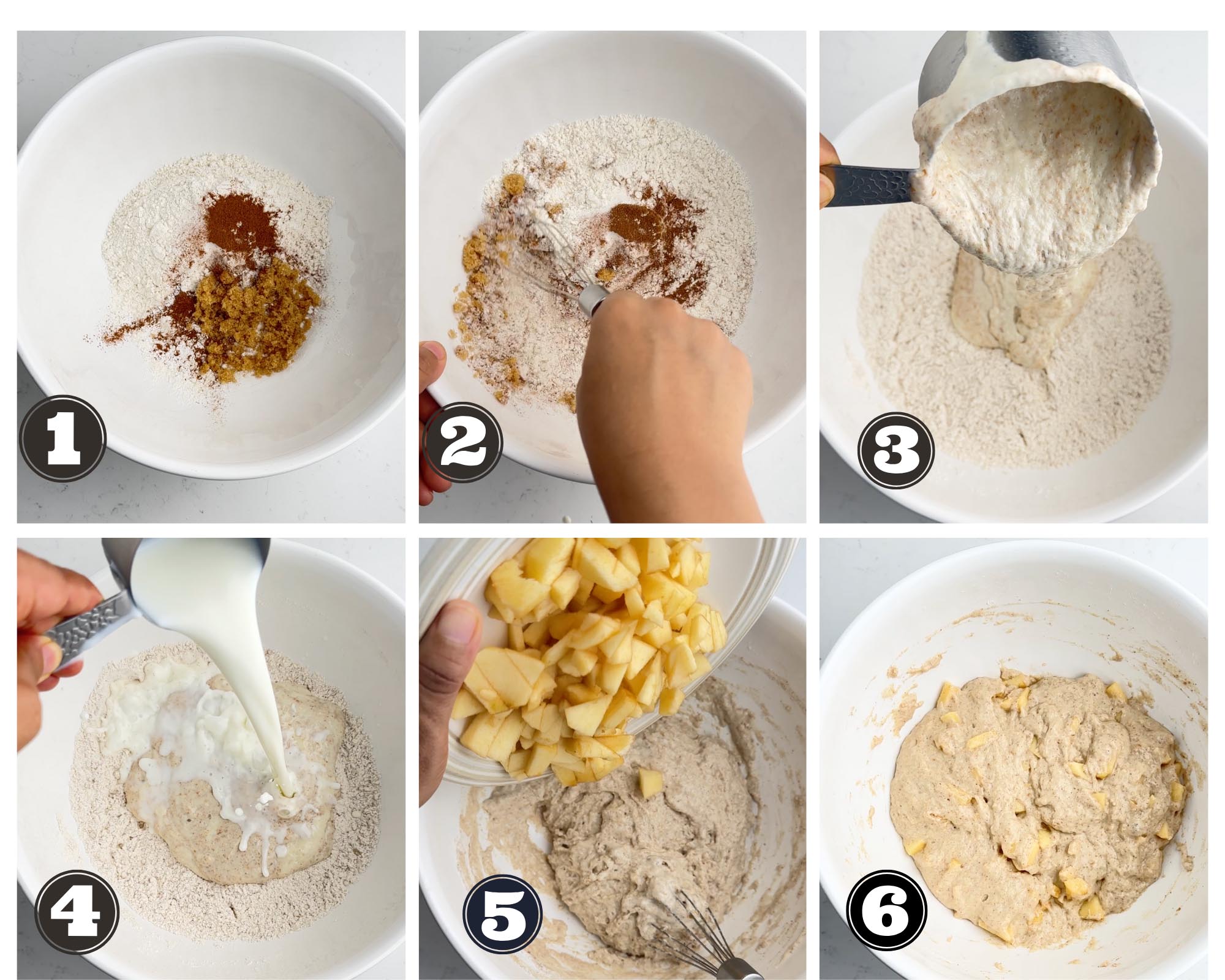 a gallery of images showing steps for making the batter for the fritters