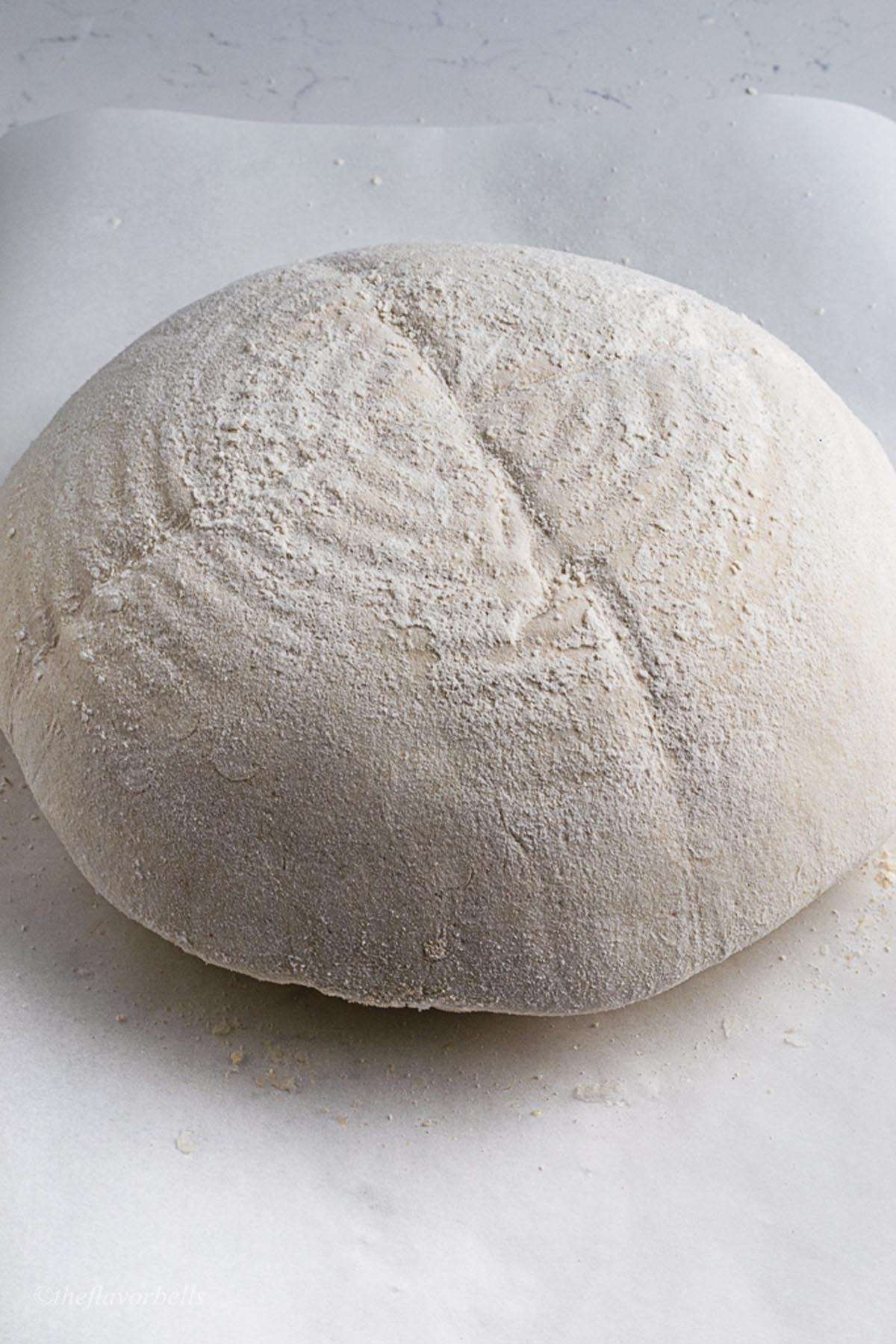 a frozen sourdough loaf placed on a parchment paper