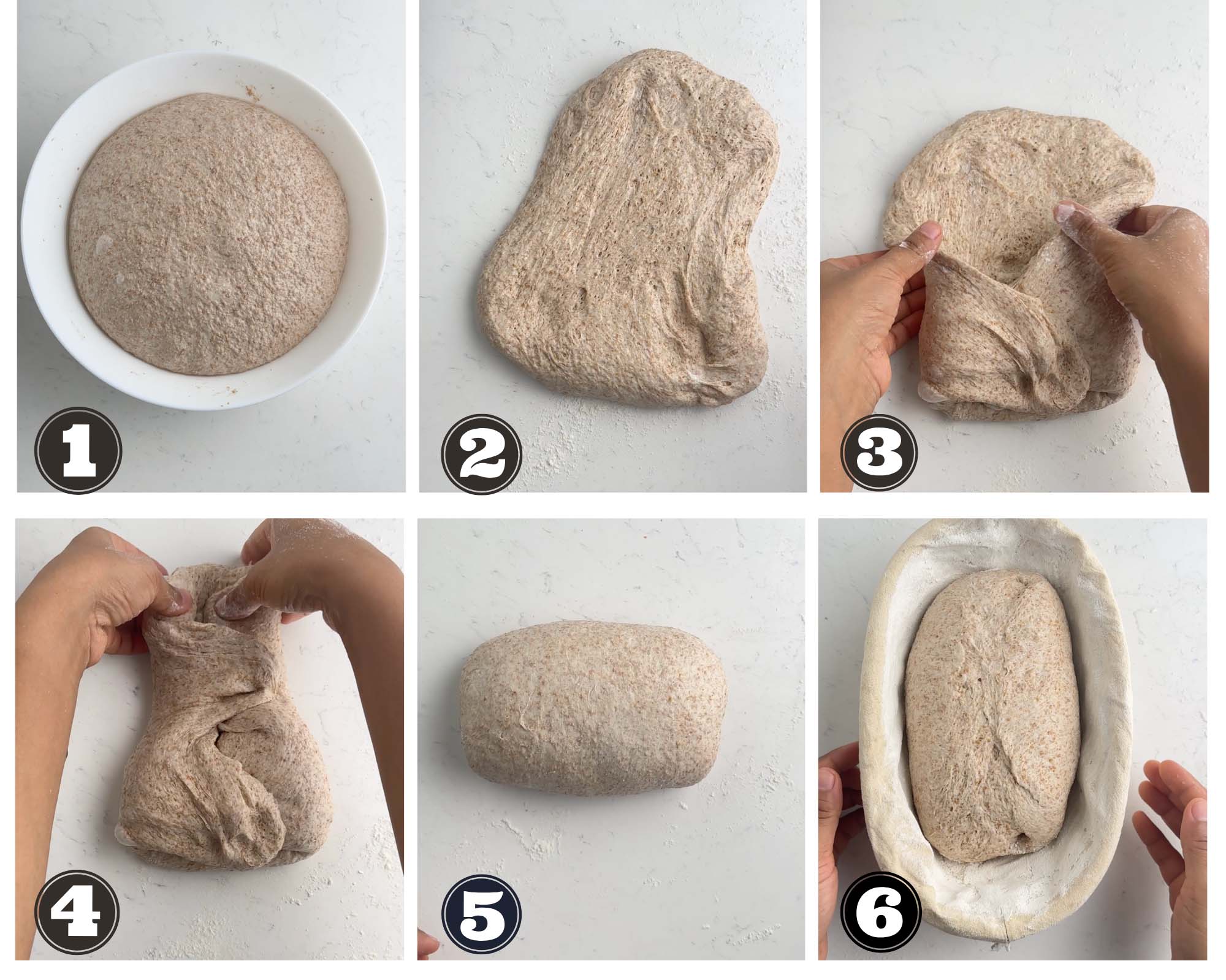 a gallery of 6 images showing steps of shaping the loaf