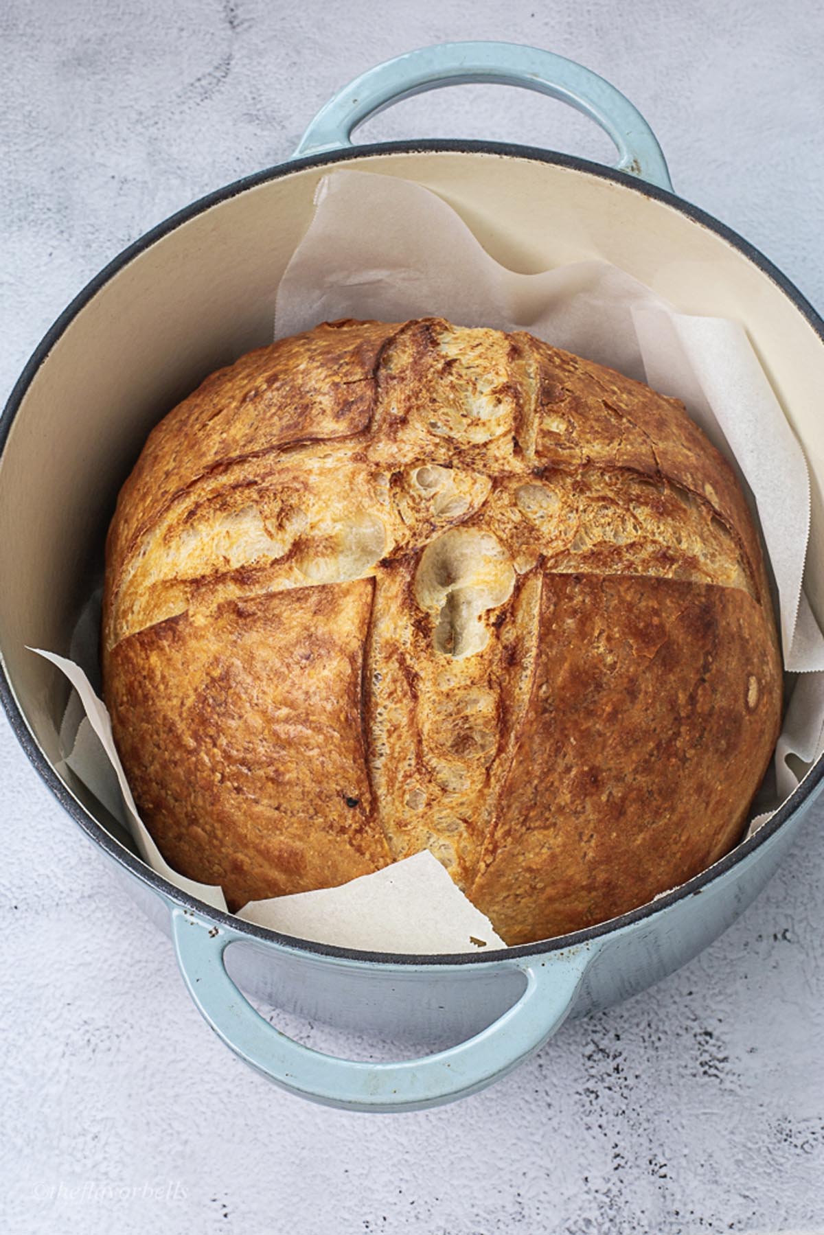 Freshly baked sourdough boule in a dutch oven