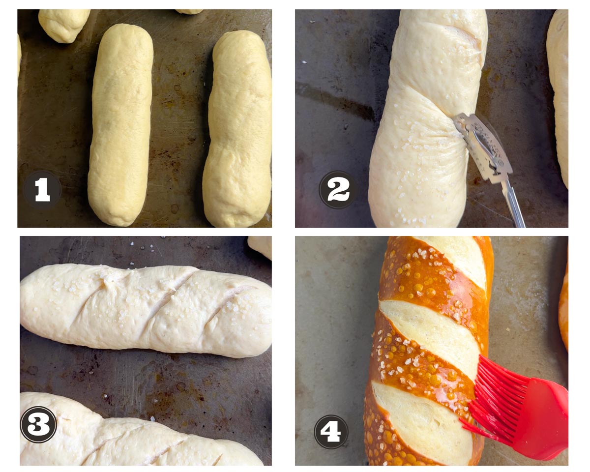 4 images showing scoring and baking the pretzel buns