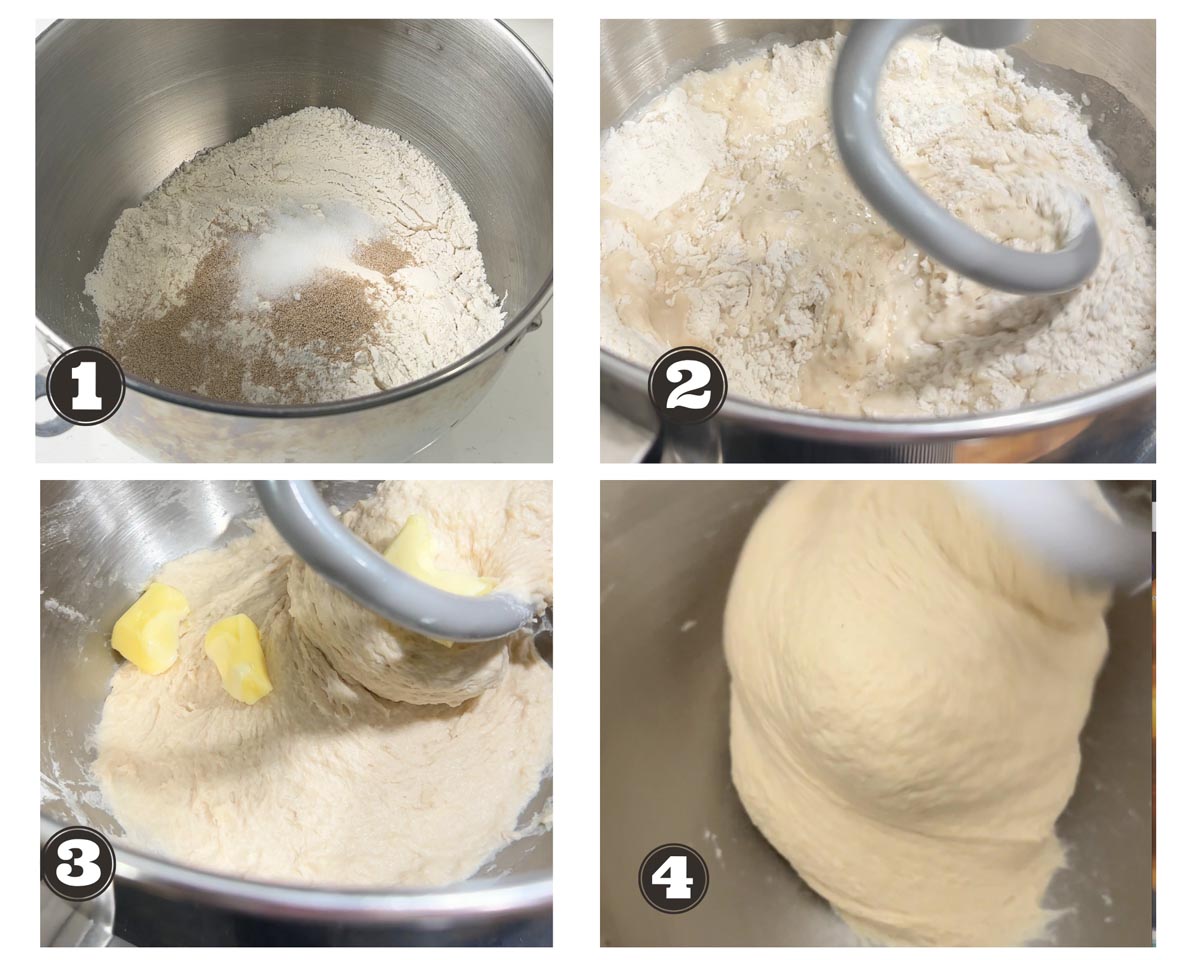 images showing stages of kneading the dough in a stand mixer