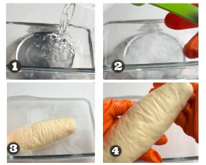 A gallery of 4 images showing how to make a lye bath and dip pretzel buns in it.