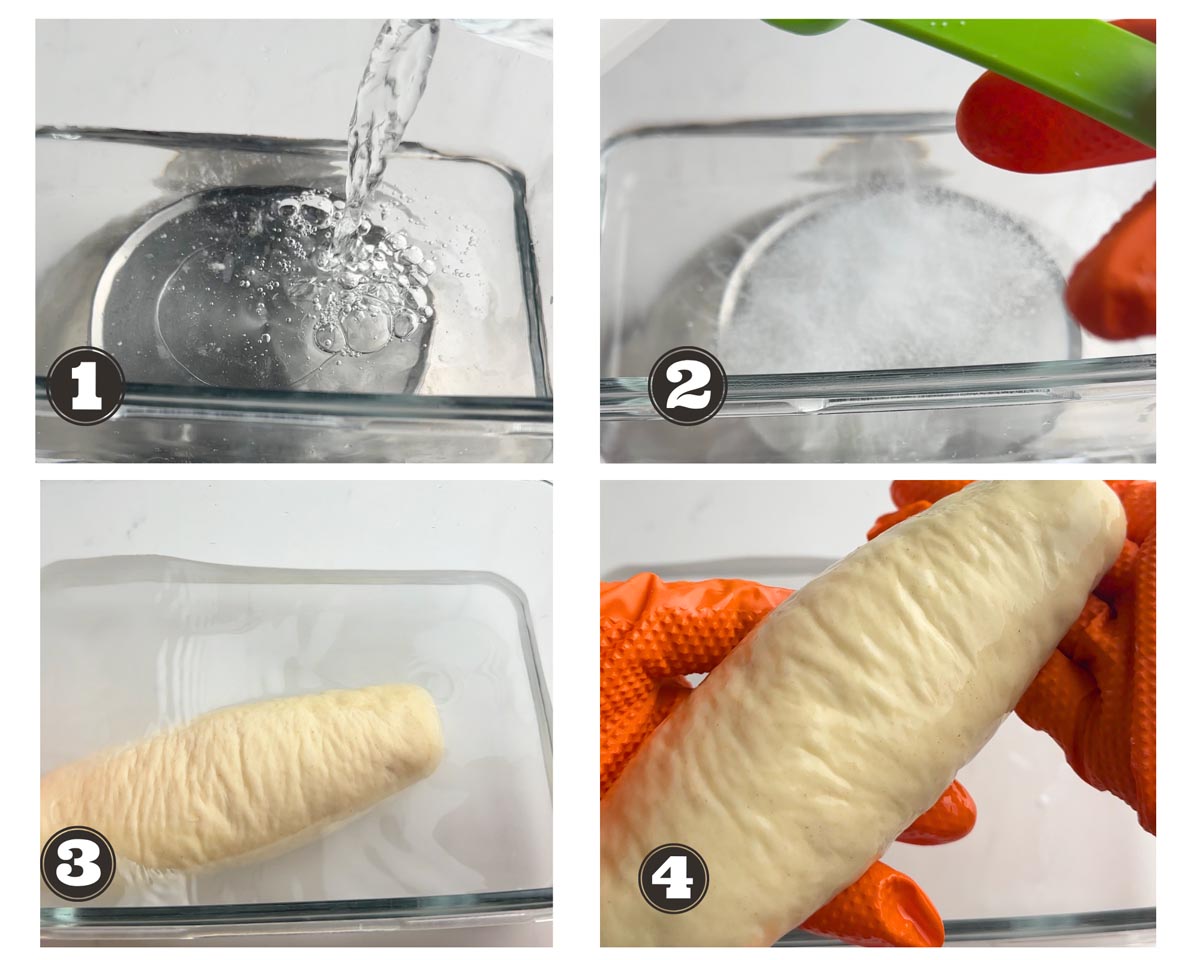 A gallery of 4 images showing how to make a lye bath and dip pretzel buns in it.