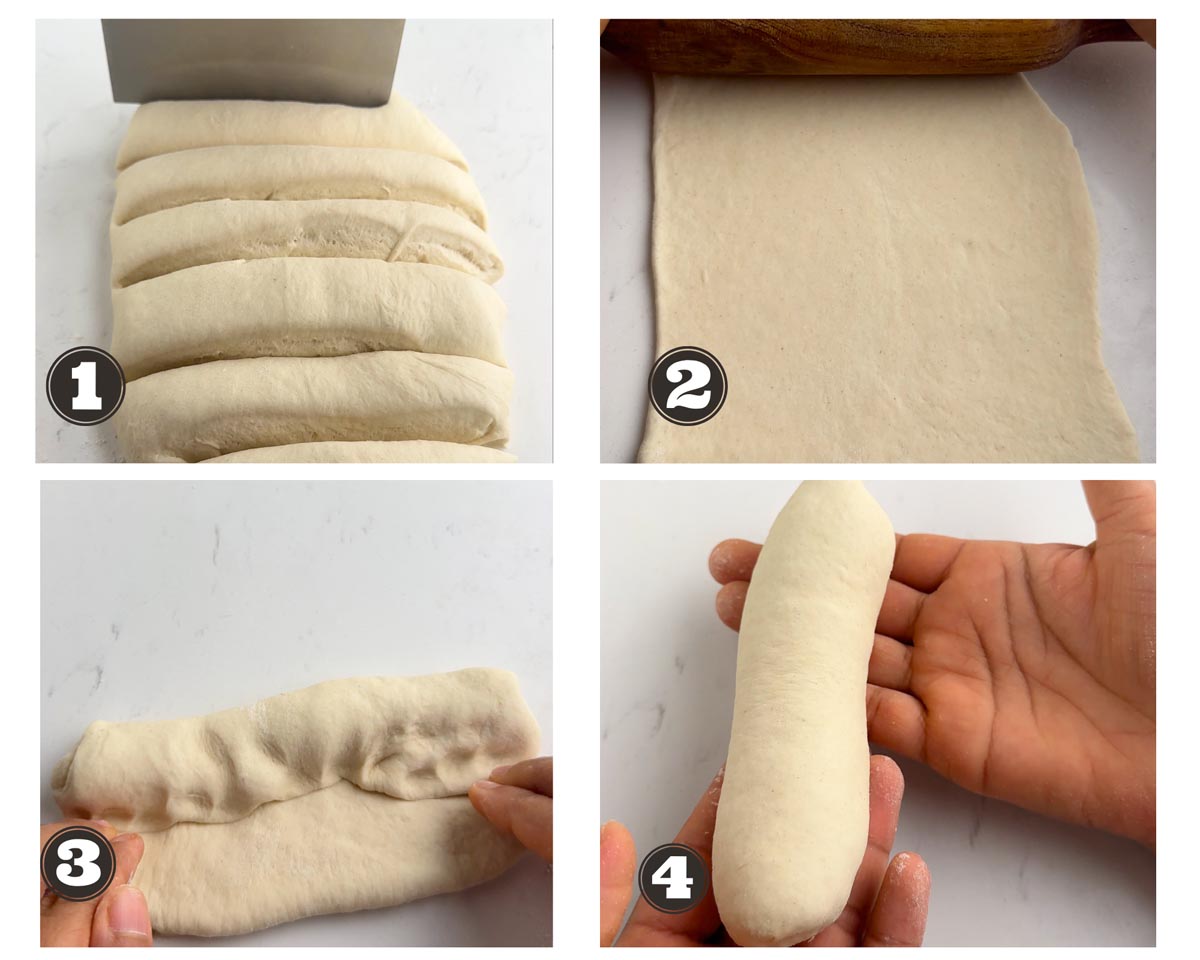 A gallery of 4 images showing steps of shaping the hot dog bun
