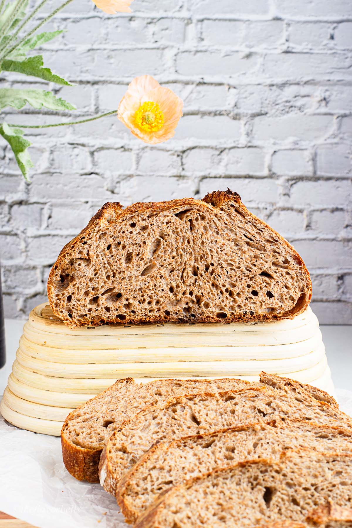 a loaf of a sourdough bread made with 100 percent whole wheat flour sliced from center to showcase the crumbs and some slices lying in the foreground